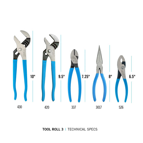 Five Piece Pliers Set With Tool Roll Pro Grade Heavy Duty Handyman Kit Forged High Carbon US Steel Laser Heat Treated Teeth Blue Grips Includes 9.5 Inch Tongue And Groove Pliers 7 Inch Diagonal Cutters 8 Inch Long Nose 6.5 Inch Slip Joint