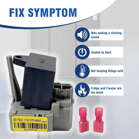 Whirlpool Compatible Refrigerator Start Relay Replacement W10197428 copper core showing fix symptoms with components.