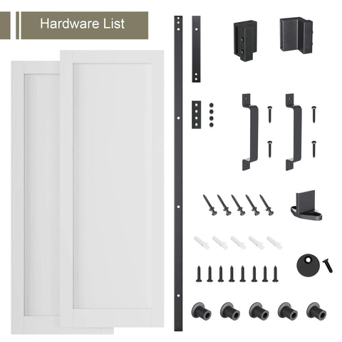 White Primed Solid Core Sliding Barn Doors 40x96 Inch Double Door Set With Bypass Hardware Kit shown with track system components