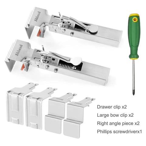 No Sweat Drawer Front Installation Clamps With Quick Release Bow Clips One Click Locking System For Cabinet Panel Alignment, metal clips and screwdriver set.