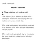 Instruction guide troubleshooting fog machine performance issues, including warming up and nozzle immersion for proper fogging.