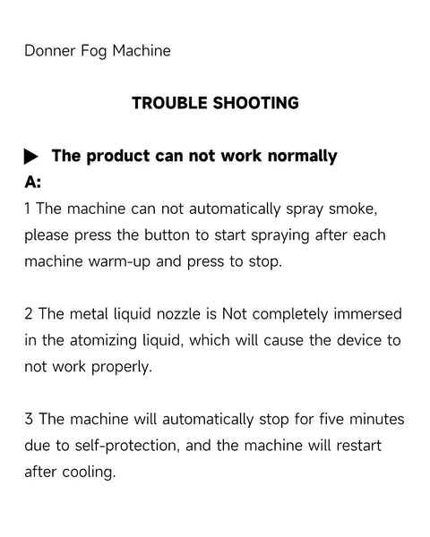 Instruction guide troubleshooting fog machine performance issues, including warming up and nozzle immersion for proper fogging.