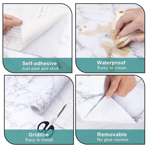 Four images showing White Marble Peel And Stick Contact Paper Self Adhesive Wallpaper for furniture and countertops with features.