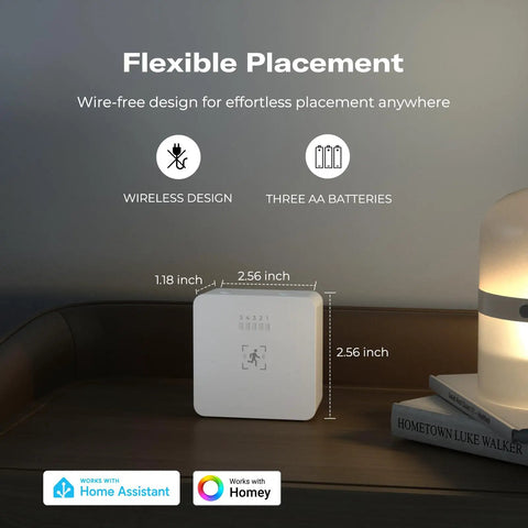 Side view of Zigbee Motion Sensor R1 With Adjustable Sensitivity And Real Time Alerts, Hub Required, on a table near a lamp.