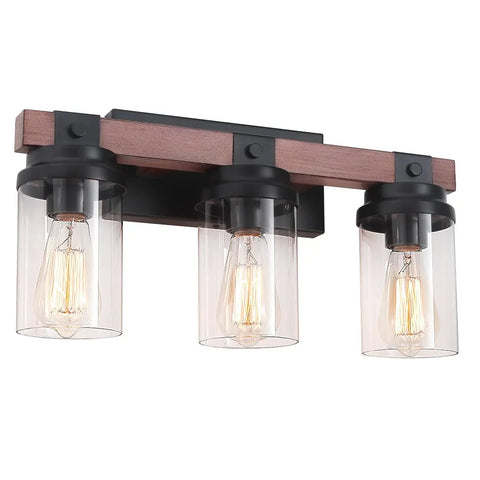 3 Light Farmhouse Vanity Light For Bathroom Over Mirror With Faux Wood Grain Finish Rustic Metal Wall Sconce Indoor Moisture Resistant Bath Vanity Fixture