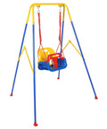 All In One Toddler Swing Set With Metal A Frame Stand Foldable Baby Swing Frame Easy Assembly And Storage Indoor Outdoor Swing Stand For Toddler Jumper Chair Seat Sturdy 165 Lb Capacity, showing metal frame and colorful seat