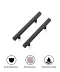 50 Pack 6 Inch Square Cabinet Pulls Matte Black Stainless Steel Kitchen Drawer Pulls Handles 6 Inch Length And Three And Three Quarters Inch Hole Center For Sleek Modern Cabinets Built To Last, showing two matte black pulls with icons for scratch resistance, anti-fingerprint, and oleophobic coating.