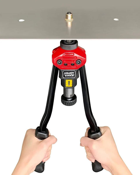 Rivet nut tool with red head and black legs (Amjoy Tools), showing 3/8-16 mandrel and 10 rivet nuts