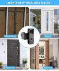 Image showing No Drill Anti Theft Doorbell Mount With Rain Cover For Video Doorbell Cameras installed on doors of various buildings.