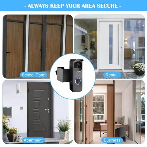 Image showing No Drill Anti Theft Doorbell Mount With Rain Cover For Video Doorbell Cameras installed on doors of various buildings.
