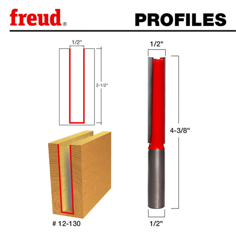Diagram of Hi Density Carbide Double Flute Straight Router Bit Eclipse Grind, Half Inch Shank, Half Inch Diameter in red.