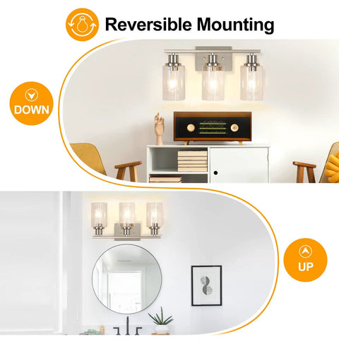 Three Light Brushed Nickel Bathroom Vanity Light Fixtures With Clear Glass Shades shown in reversible mounting options over a mirror