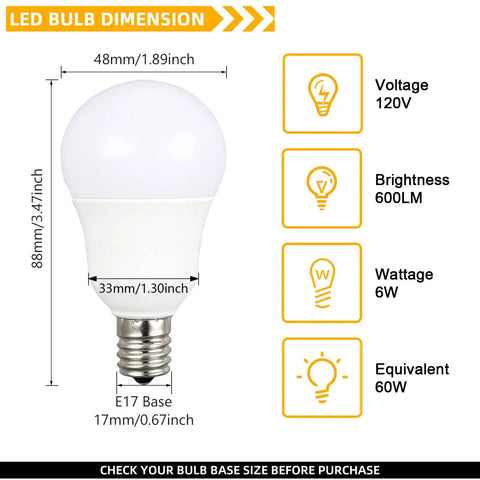 Diagram showing Dope E17 Intermediate Base LED Bulbs Pack Of 4 6W with dimensions and specifications.