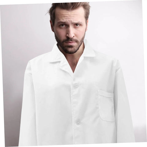 White Mens Lab Coat Doctor Costume, Long Sleeve Medical Uniform For Doctors, Medical Students, And Pharmacists on a man