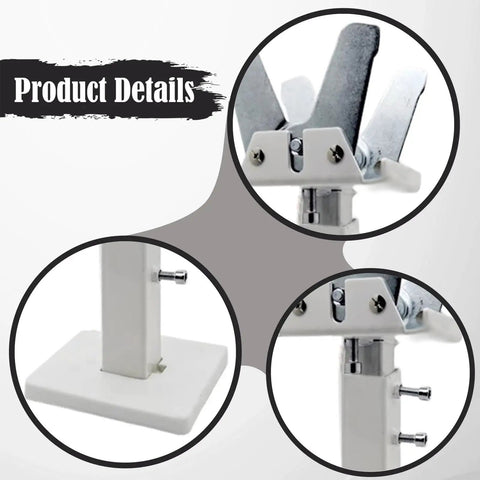 Close-up of a sturdy adjustable floor radiator bracket made from steel with smooth finish secure support feet for bedroom and living room easy install height range 14 to 21 cm keeps your radiator stable showing detailed parts.