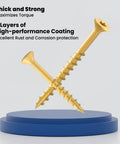 Top Shelf Rock Solid Deck Screws Ten Gauge By Three And A Half Inch Wood Fasteners tan epoxy coated, highlighting their strong design and rust resistance.