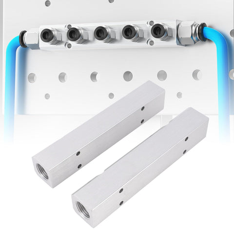 Two Pack 5 Way 7 Port Pneumatic Air Manifold Block With One Half Inch NPT Supply Port And One Quarter Inch NPT Output Ports