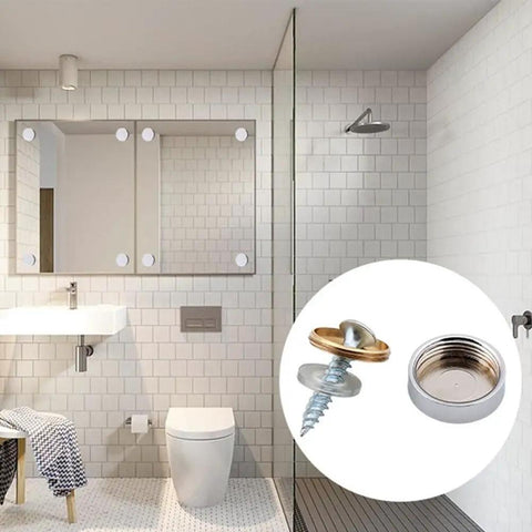 Stainless Steel Mirror Screws 16mm Silver Decorative Glass Fixings With Copper Washers installed in bathroom wall mirror