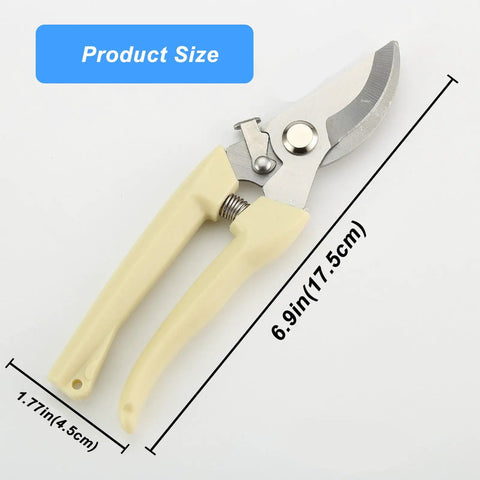 Yard Pro Pruning Shears For The Garden, Premium Stainless Steel scissors with beige handles, size dimensions shown, precise flower trimming