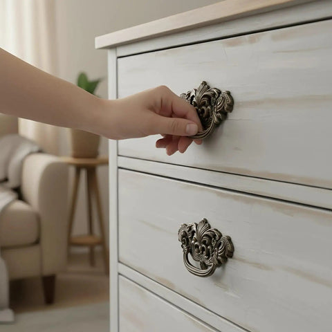 Hand using Durable Zinc Alloy Dark Antique Bronze 3 Inch C-C Vintage Drawer Pulls Set Of 4 For Cabinets And Dressers Kitchen Hardware