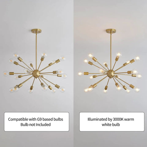 Sputnik Style Dope 15 Light Modern Ceiling Fixture Gleaming Gold Finish Semi Flush Mount Chandelier unlit and lit view