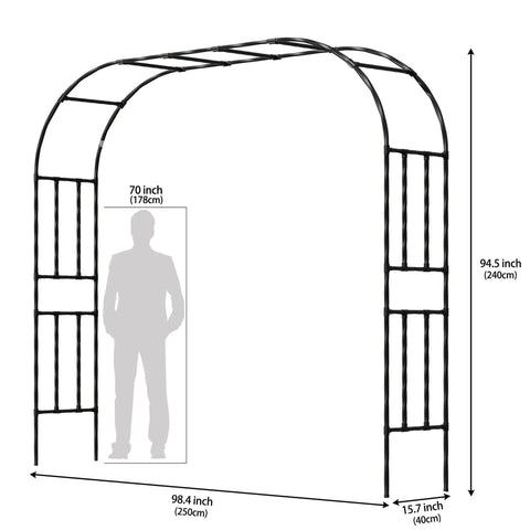 7.9 Foot Metal Garden Arch Trellis For Outdoor Climbing Plants, Large Wedding Ceremony Arbor, dimensions with silhouette