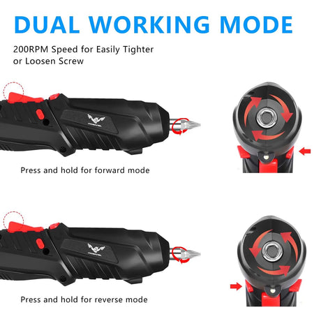 Go To 3.6V Cordless Screwdriver Set With Quick Grip Mini Power Drill showing dual working mode for tight and loose screws.