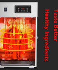 Rotary Meat Dryer And Commercial Food Dehydrator With 24 Hour Digital Timer, stainless steel design with beef jerky inside.