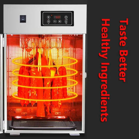 Rotary Meat Dryer And Commercial Food Dehydrator With 24 Hour Digital Timer, stainless steel design with beef jerky inside.
