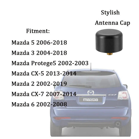 Image of Antenna Delete Cap Kit For Mazda Mitsubishi Subaru Models Aluminum Base Cap Cover Not For Radio Antenna Replacement Fits Various Mazda 2 3 5 Lancer Mirage G4 Outlander RVR Forester Impreza WRX STI BRZ XV Crosstrek Accessories next to Mazda fitment list on a car.