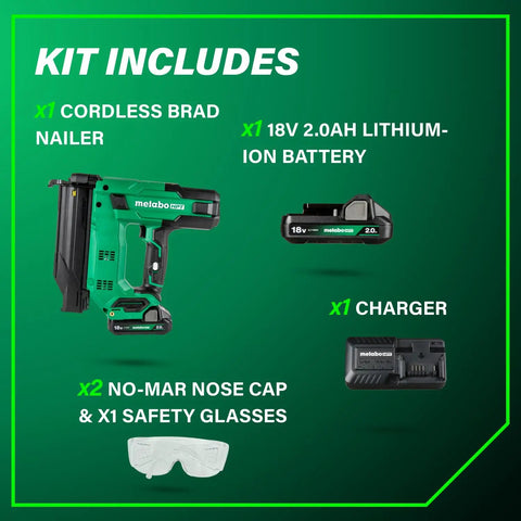 18V MultiVolt Compact Cordless Brad Nailer Kit With Two Ah Battery Drives Five Eighths To Two Inch Nails Lightweight Five And A Half Pounds Fast Response No Ramp Up Time LED Light Delivers 700 Nails Per Charge Perfect For Tight Spots with included battery, charger, nose cap, and safety glasses