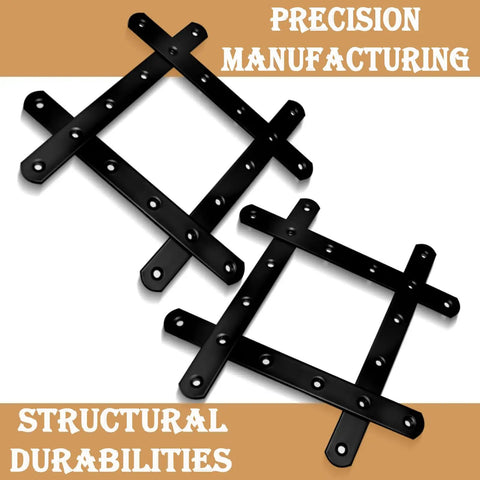 Absolute Beast 8 Inch Black Mending Plates, Heavy Duty Cast Iron Hardware For Wood Fence And Cabinet Build, Rust Resistant Metal Braces, Sick 12 Piece Set Built To Kick Some Serious Weight, two overlapping black cast iron plates.