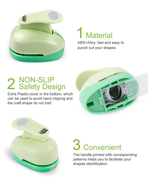 Green 1 Inch Oval Lever Punch for Scrapbooking and Card Making showing ABS+Alloy material and non-slip safety design features