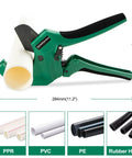 Ratchet PVC Pipe Cutter For 2 Inch 64mm Pipe With Extra Blade, Heavy Duty One-Handed Tubing Cutter, Dark Green, cutting PVC pipe.