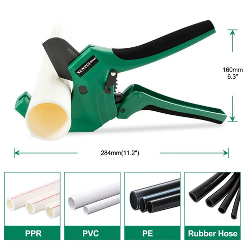 Ratchet PVC Pipe Cutter For 2 Inch 64mm Pipe With Extra Blade, Heavy Duty One-Handed Tubing Cutter, Dark Green, cutting PVC pipe.