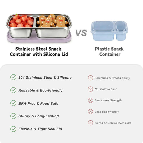 Comparison of Three Pack Stainless Steel Snack Containers With Silicone Lids and plastic containers