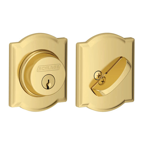 Camelot Trim Deadbolt With Keyed Entry, Exterior Grade Security Lockset for Residential Doors, Bright Brass Finish