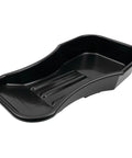 Black heavy duty 2.8 quart oil drain pan with splash guard and tapered spout for lawn equipment and motorcycles low profile design