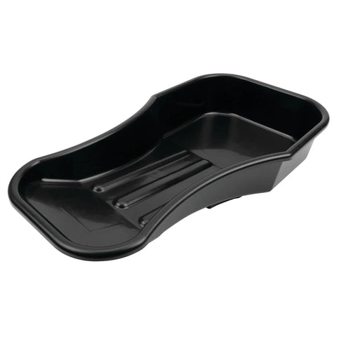 Black heavy duty 2.8 quart oil drain pan with splash guard and tapered spout for lawn equipment and motorcycles low profile design