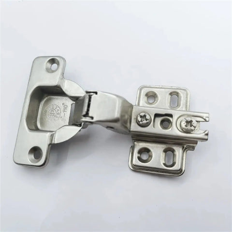 10 Piece 26mm Cup Cabinet Hinges Provide Silky Smooth Action On Thin Doors Via Hidden Hydraulic Soft Close Mechanisms Featuring Short Arm Specs Tailored For Half Overlay Applications Crafted Rock Solid With Durable Alloys For Stress Free Remodeling Jobs, showing a close up of a silver hinge.