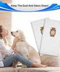Woman with dog next to two Universal HEPA Cloth Vacuum Bag Set For Sentria Avalir G Series And Diamond Edition Replacement Bags