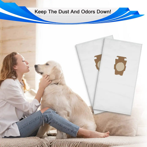 Woman with dog next to two Universal HEPA Cloth Vacuum Bag Set For Sentria Avalir G Series And Diamond Edition Replacement Bags