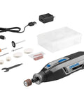 Ultra Compact Four Volt Cordless Rotary Tool Featuring Variable Speed And No Sweat Accessory Swaps For Grab And Go Crafting with various attachments and charger.