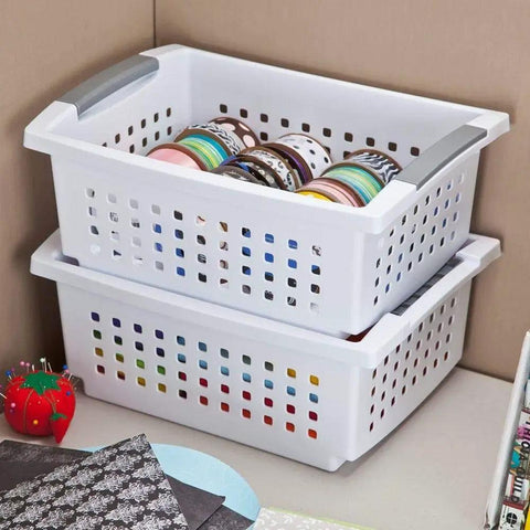 Medium Stacking Baskets Pack Of 6 With White Finish And Titanium Accents, Durable Plastic Organizer Bins stacked with ribbon