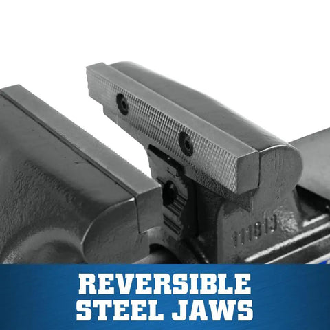 Beefy Pro Grade Tradesman XC Bench Vise With Six And A Half Inch Jaw Width, Six Inch Opening, Four Inch Throat, 360 Degree Swivel Base With Double Lockdowns, 60,000 PSI Ductile Iron Body For Lifetime Smooth Operation, Enclosed Design Keeps Lubrication, reversible steel jaws