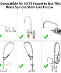 Replacement Brass Hydraulic Control Spindle Cartridge For Faucets Hot And Cold compatibility diagram with six faucet types.