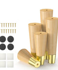 4 Pack Solid Wood Furniture Legs With Copper Protective Caps, 10 To 20 Cm Straight Oak Feet For Cabinets, Sofas, Tables And More