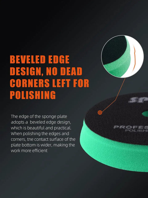 Beveled edge design on Dope 10 Piece Car Detailing Kit 5 inch buffing pads shown with text highlighting efficiency benefits