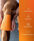 Heavy Duty Knee Pads With Extra Thick Foam Cushion And Soft Inner Liner, Adjustable One Size Fit, Hi Viz Orange Knee Savers shown on leg