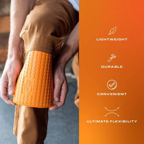 Heavy Duty Knee Pads With Extra Thick Foam Cushion And Soft Inner Liner, Adjustable One Size Fit, Hi Viz Orange Knee Savers shown on leg